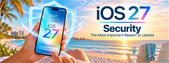 iOS 27 security illustration showing an iPhone protected by a glowing shield beside the Sarasota waterfront